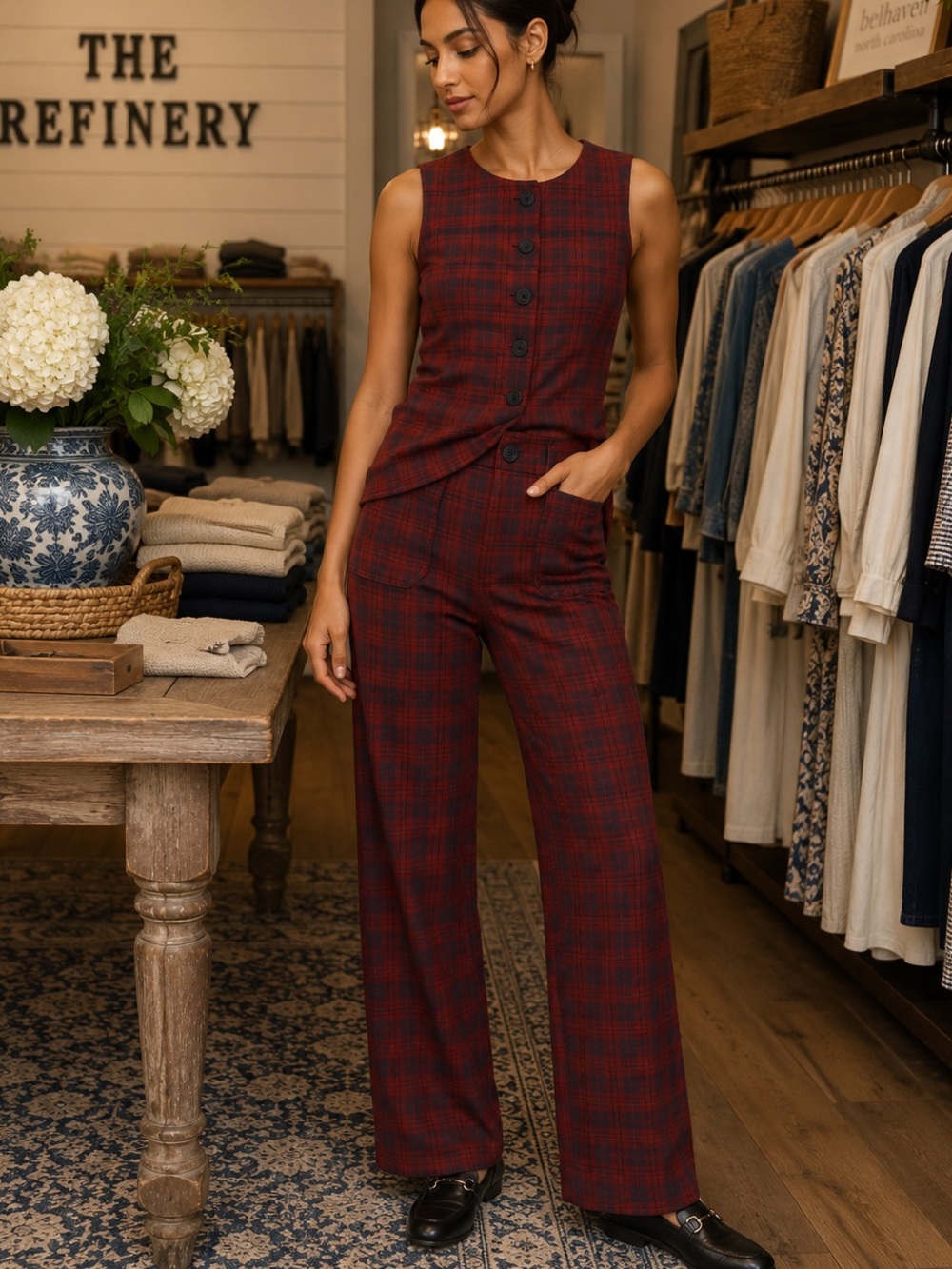 Maeve Colette High-Rise Wide-Leg red plaid Pants Anthropologie patch pocket 30
